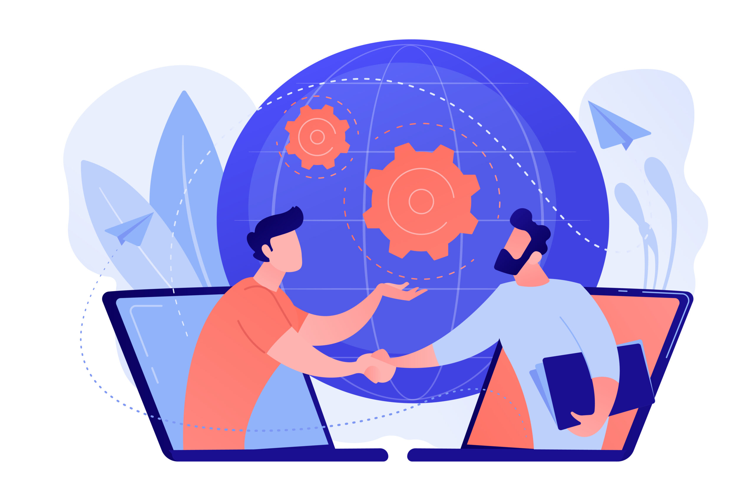 Businessmen shaking hands through laptop screens as online business, conference, meeting, network, deal, negotiations, agreement concept, pinkish coral blue palette. Vector illustration on white background.